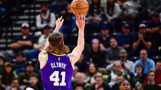 Jan 10, 2024; Salt Lake City, Utah, USA; Utah Jazz forward/center Kelly Olynyk (41) takes a shot against the Denver Nuggets during the first half at the Delta Center.